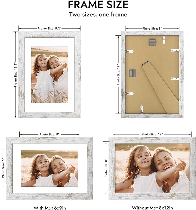 8x12 Picture Frame with Glass, Display Pictures 6x9 with Mat or 8 x 12 without Mat - Wall and Tabletop, 8 by 12 Photo Wooden Frames (Distressed White, 1 Pack)