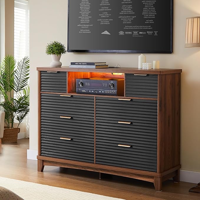 AOGLLATI Black Dresser for Bedroom with Slanted Louvre Design,Retro Chest of Drawers with Charging Station, Wooden Led Wide Tall 8 Drawer Dresser for Bedroom,Living Room, Hallway, Black & Brown