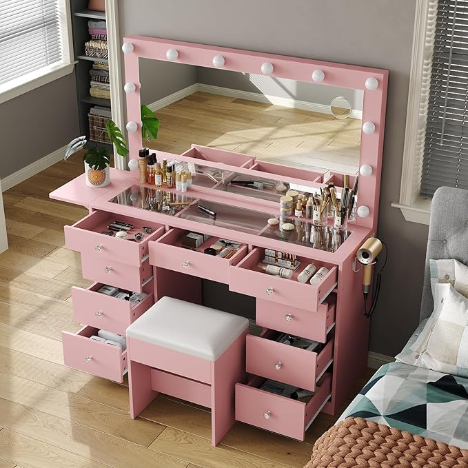 Vanity Desk with Power Outlet, Makeup Vanity with Lighted Mirror, 3 Lighting Modes Adjustable, 9 Drawers Vanity Table with Chair with Fold-up Panel, Glass Top, Dressing Table for Bedroom, Pink