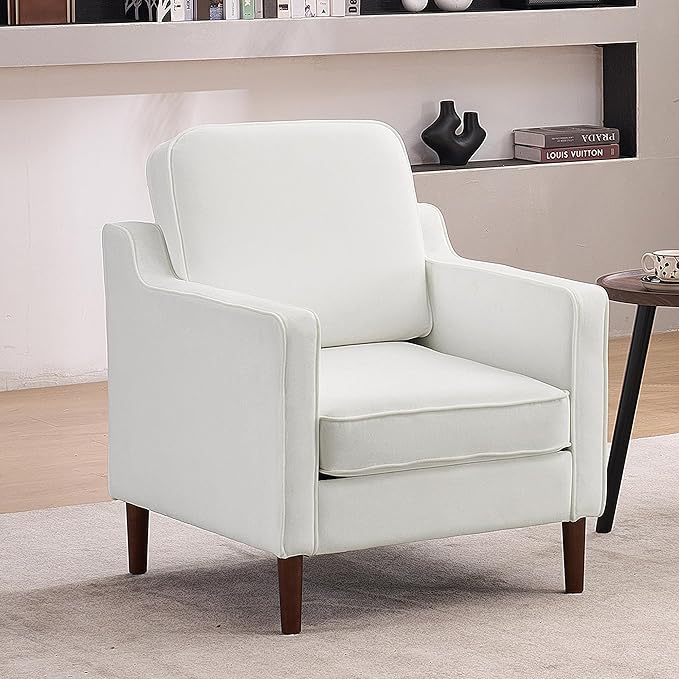 Mid Century Modern Accent Chair, Upholstered Reading Armchair for Living Room, Velvet Comfy Sofa Chair with Wood Legs for Bedroom, Office, Waiting Room, Ivory