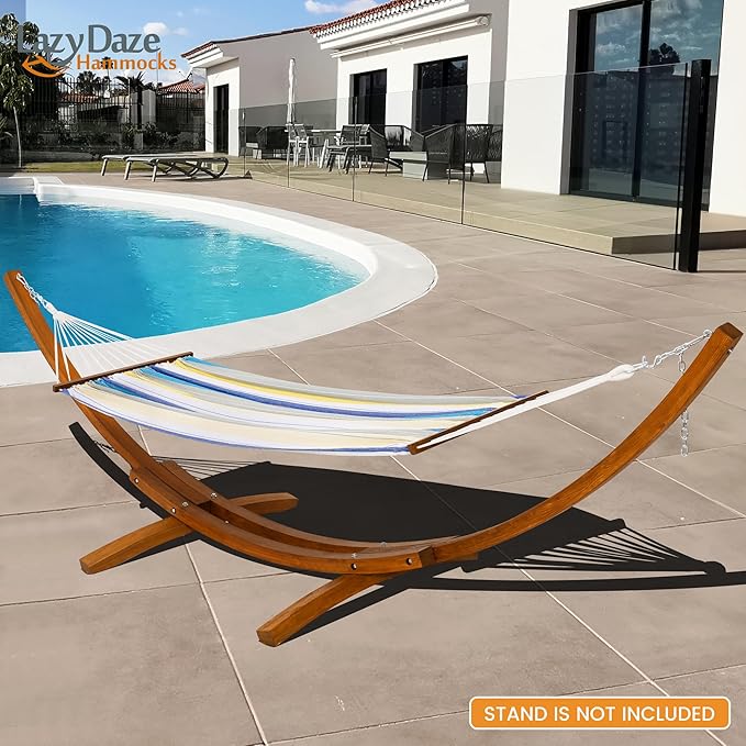 Lazy Daze Hammocks Cotton Fabric Spreader Bar Hammock, Outdoor Portable Hammock with Carrying Bag & Tree Straps for Bedroom, Patio, Backyard, Balcony, Max 450lbs Capacity, Blue & Yellow