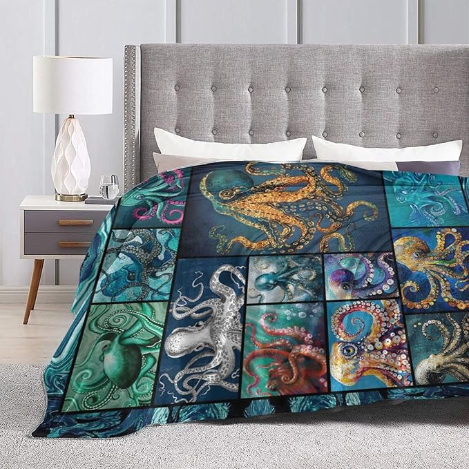 Ocean Octopus Blanket Soft Octopus Flannel Fleece Blanket Cozy Warm Nautical Octopus Stuff Decor Bedding Plush Throw Blanket Octopus Gifts for Lovers Girls Boys Kids Women Adults Bed Travel 60"x80"