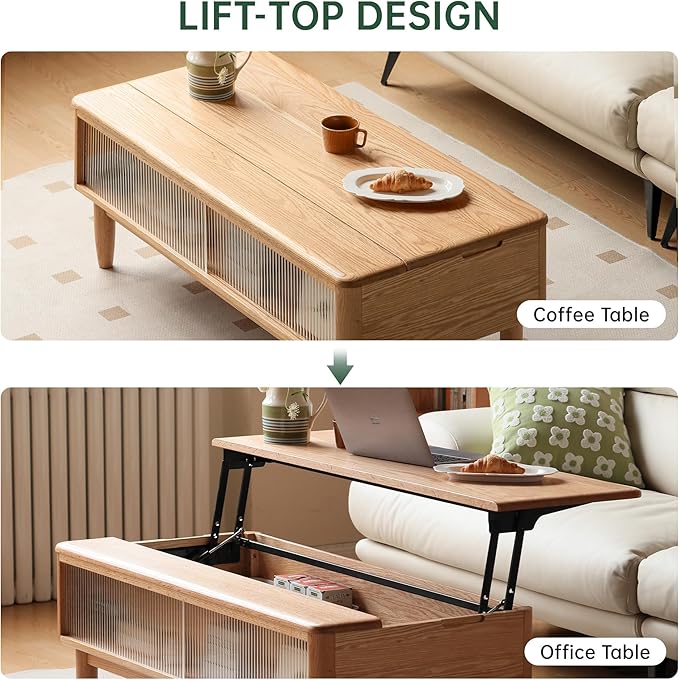 Lift Top Coffee Table, 100% Solid Oak Wood Log Color Coffee Table with Glass Sliding Door, Rectangular Coffee Tables with Storage for Living Room Home Decor-47.24" L