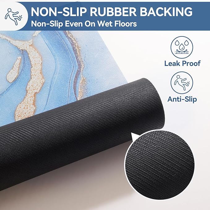 Non Slip Bath Mat Ultra Thin Bathroom Rug Fit Under Door, Rubber Backing Quick Dry Super Absorbent Washable Shower Bath Mats Blue 16x24