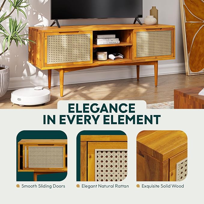 Bme Oliver TV Stand for TVs up to 55", Mid-Century Solid Wood TV Console with Natural Rattan Door, Media TV Console, Entertainment Center with Storage, Fluted Media Cabinet for Living Room, Caramel
