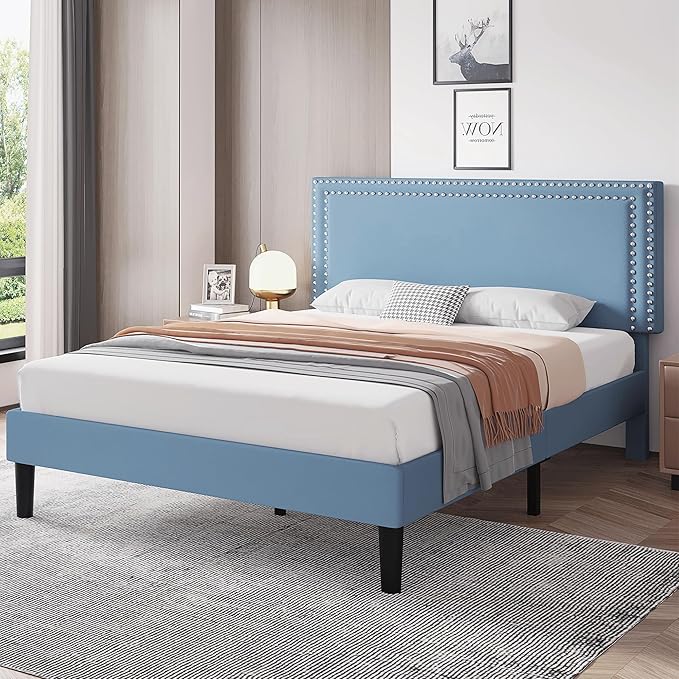 VECELO Full Size Bed Frame with Adjustable Upholstered Headboard, Wooden Slats Platform, Noise-Free Design, No Box Spring Needed, Easy Assembly
