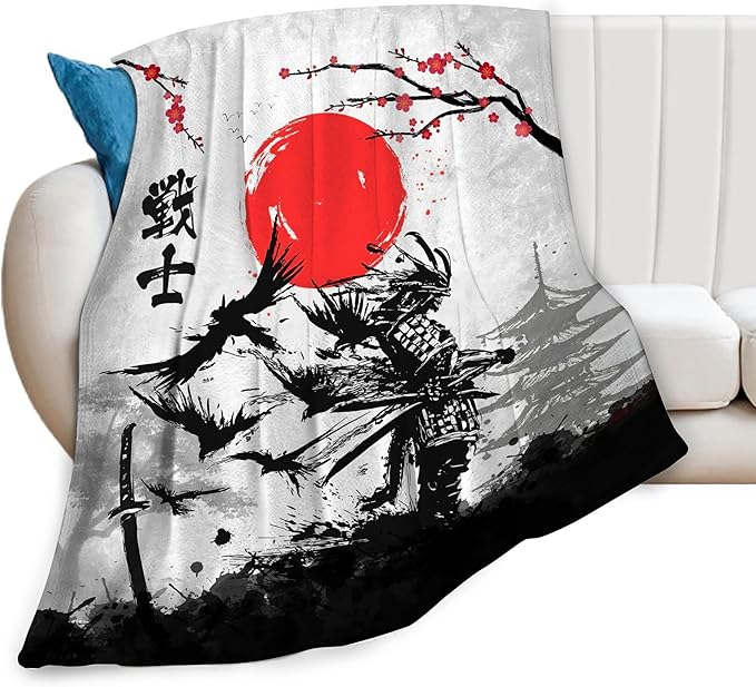 Japanese Blanket Cherry Blossom Throw Blankets Black and White Japen Stuff Gifts for Men Women Boys Girls Adults Fleece Flannel Blanket Plush Bedding for Couch Sofa Bed Room Decor 50"X60"