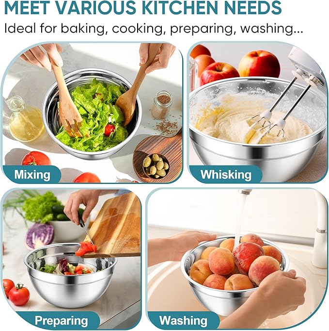 TeamFar Mixing Bowls, 3PCS Stainless Steel Serving Salad Bowls with Lids & 3 Graters, For Kitchen Mixing/Baking/Storing/Prepping, Visible & Airtight, Easy Clean - 4.5/3 / 1.5 QT, Dark Blue