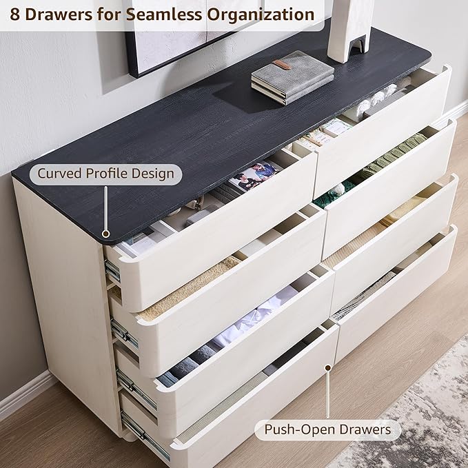 8 Drawer Dresser for Bedroom, 52 Inch Wide Modern Chest of Drawers, Push-to-Open Wood Storgae Organizer with Large Drawers for Bedroom, Living Room, Hallway, Off White