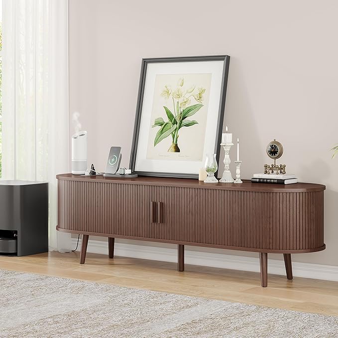 Alohappy 59" Mid Century Modern TV Stand with Charging Station, Curved Edge Fluted TV Media Console Table with Drawer and Shelf, Farmhouse Entertainment Center for Living Room, Bedroom, Walnut