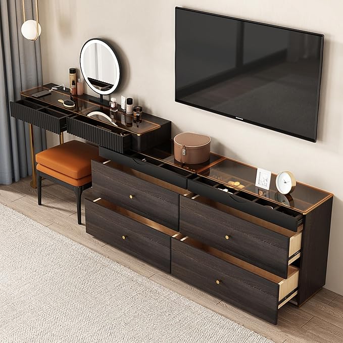 Lartis Makeup Vanity with Stool, Very Easy to Assemble,Retractable TV Cabinet Combination, Dressing Table Desk in one, Super Storage