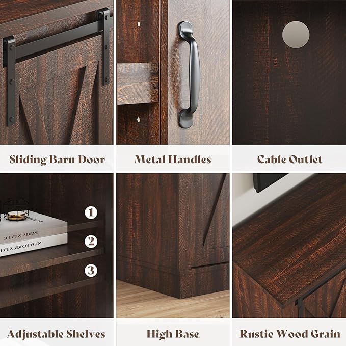 AMERLIFE Fireplace TV Stand with Sliding Barn Door for TVs up to 73", Farmhouse 63" Fireplace Entertainment Center with Storage Cabinets/Adjustable Shelves, Reclaimed Barnwood