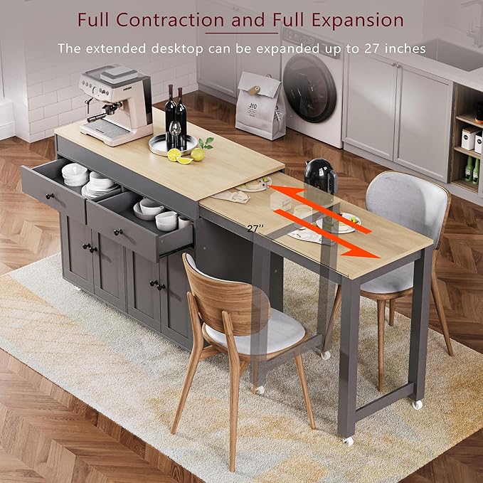 74.5" Rolling Kitchen Island on Wheels with Extendable Dining Table, Storage Cart with 2 Drawers, 4 Door Cabinet, Spice Rack for Kitchen, Dining Room, Grey