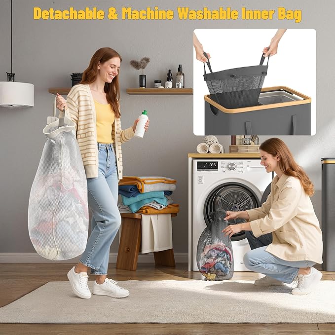 160L Double Laundry Hamper with Lid 2 Section, Large Bamboo Laundry Basket with 2 Removable Bags, Clothes Hampers for Laundry for Bedroom, Bathroom, Dorm, Laundry Room, Grey