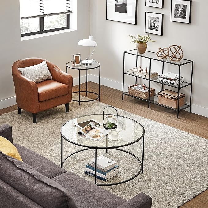 VASAGLE 39.4 Inch Console Table with 3 Shelves, Sofa Tables, Modern Entryway Table, Metal Frame, Tempered Glass Shelf, Entryway Living Room Bedroom, Classic Black and Transparent ULGT027B01