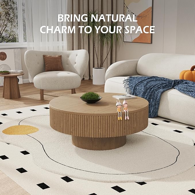 31.5” Round Fluted Coffee Table, Modern Wood Circle Coffee Table, Veneer Handcrafted Relief Tea Table with Sturdy Pedestal for Living Room - Natural