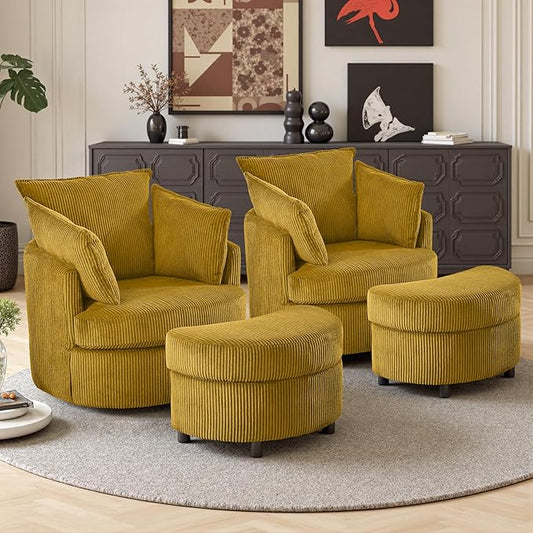 Swivel Accent Chair with Ottoman Comfy Reading Chairs for Bedroom Modern Corduroy Arm Chair 360°Swivel Barrel Chairs for Living Room,Apartment (Yellow, 2)