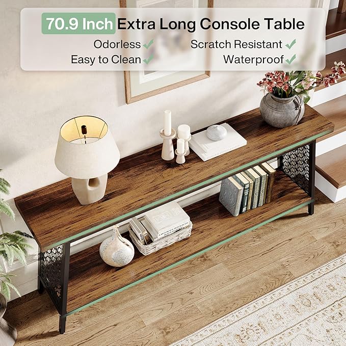 Tribesigns 70.9" Extra Long Console Table, 2-Tier Sofa Table with Storage, Industrial Entryway Table Behind Couch, Narrow Entrance Table for Hallway, Living Room, Rustic Brown
