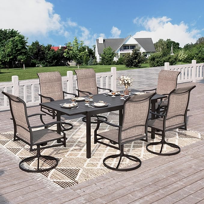 HERA'S HOUSE Outdoor Patio Dining Set of 7, 7 Piece Outdoor Table and Chairs Set of 1 Extendable Large Patio Table and 6 Quick Dry Textilene Swivel High Back Rocking Chairs for Lawn, Park, and Garden