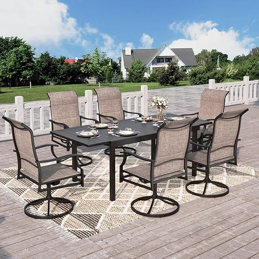 HERA'S HOUSE Outdoor Patio Dining Set of 7, 7 Piece Outdoor Table and Chairs Set of 1 Extendable Large Patio Table and 6 Quick Dry Textilene Swivel High Back Rocking Chairs for Lawn, Park, and Garden