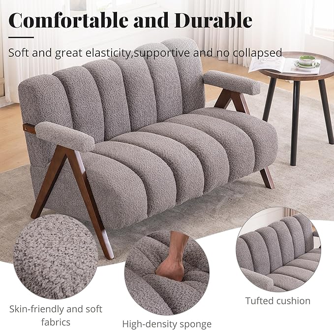 Mid Century Modern Accent Chair Loveseat Sofa with Solid Wood Frame, Boucle Upholstered Living Room Chairs with Thick Cushion, Comfy Tufted Arm Chair for Bedroom, Grey
