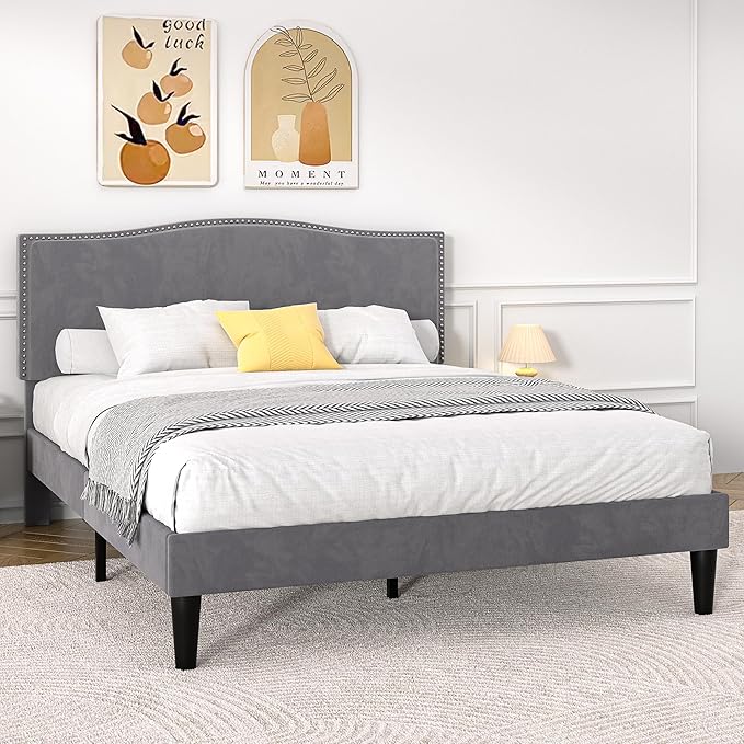 VECELO Full Bed Frame, Platform Bed Frame with Adjustable Height Upholstered Headboard, Heavy-Duty Frame and Strong Wooden Slats Support, Non-Slip and Noise-Free, Easy Assembly, Dark Grey