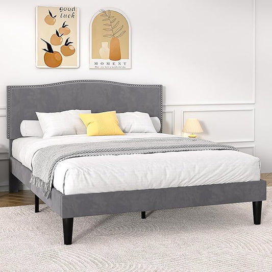 VECELO Full Bed Frame, Platform Bed Frame with Adjustable Height Upholstered Headboard, Heavy-Duty Frame and Strong Wooden Slats Support, Non-Slip and Noise-Free, Easy Assembly, Dark Grey