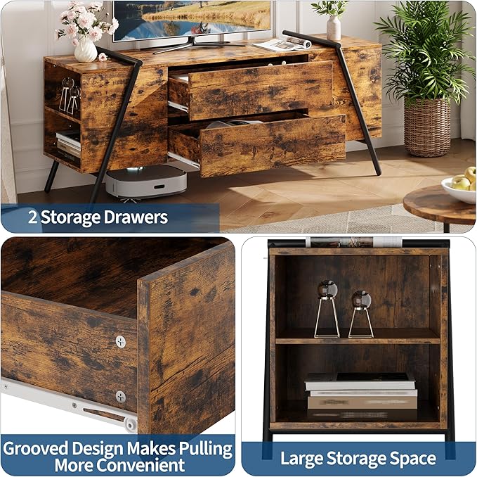 GarveeHome 55" Modern TV Stand with 2 Drawers, Adjustable Shelves, U-Shaped Metal Legs, Farmhouse Entertainment Center, Wooden TV Console for Living Room, Bedroom, Amber Oak