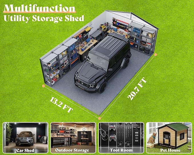 AMERLIFE 13x21x8 FT Outdoor Metal Garage Shed, Extra Large Storage Shed with Double Hinged Doors, 4 Windows, Carport for Car, Truck, Bicycle and Lawn Equipment, Dark Gray