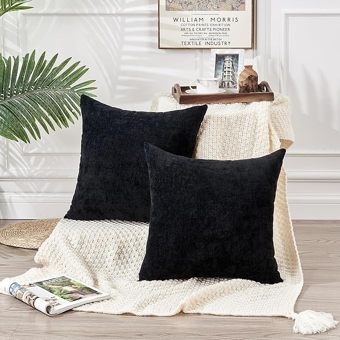 GAWAMAY Decorative Throw Pillow Covers 16x16 Inch Set of 2, Super Soft Chenille Pillows Farmhouse Fall Square Pillowcase for Living Room Bedroom Sofa Couch Cushion Cover Black 40x40cm (No Insert)