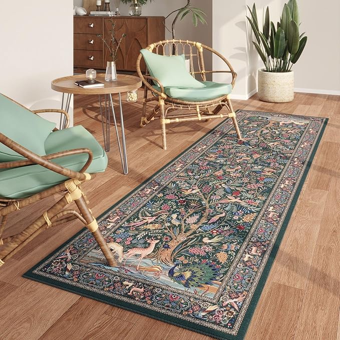 Runner Rug 2x6 Vibrant Tree of Life-Patterned Vintage Kitchen Rugs Non Slip Washable Soft Carpet Runner for Laundry Bedroom Bathroom, Green