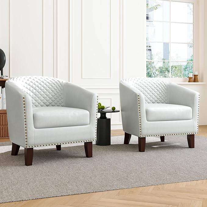 Accent Barrel Chair, Upholstered Faux Leather Club Chair with Nailed Trim, Comfy Reading Armchair for Living Room Bedroom Reception Room Office (White, Set of 1)