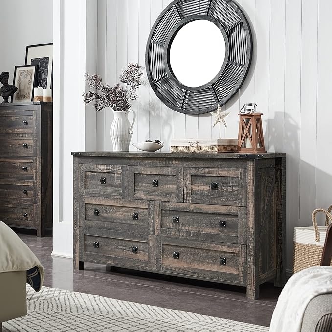 T4TREAM Farmhouse 7 Drawers Dresser for Bedroom, Wood Rustic Dresser Tv Stand, Storage Dressers Organizer for Bedroom, Living Room,Hallway, Dark Rustic Oak