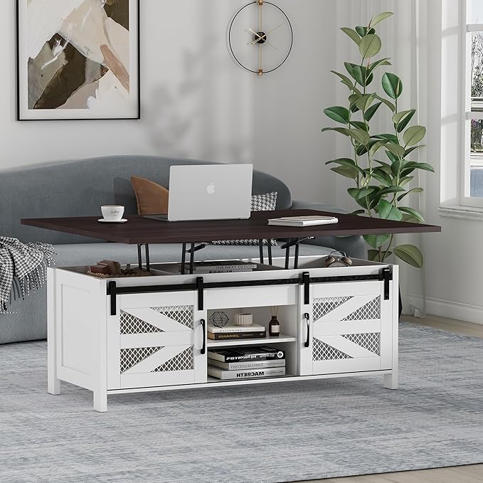47.2" Lift Top Coffee Table, 4 in 1 Farmhouse Coffee Table with Storage and Sliding Barn Doors, Coffee Tables for Living Room & Dining Room (Milky White)