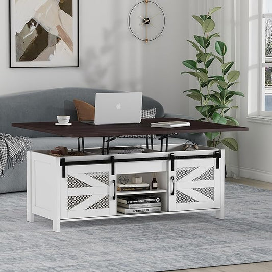 47.2" Lift Top Coffee Table, 4 in 1 Farmhouse Coffee Table with Storage and Sliding Barn Doors, Coffee Tables for Living Room & Dining Room (Milky White)