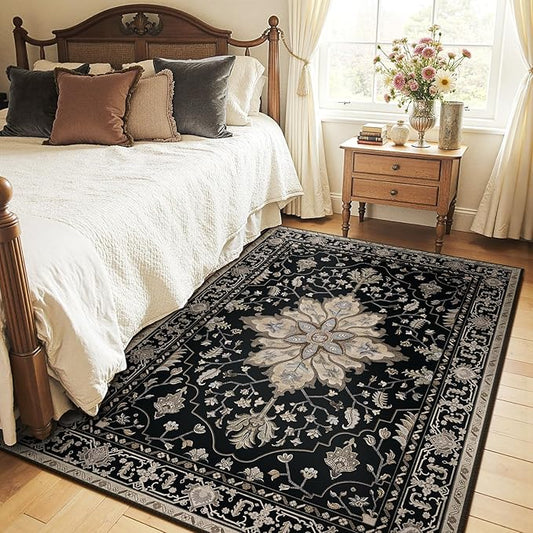 Area Rugs 4'x6' Washable Non-Slip, Floral Vintage Distress Print Pattern Medallion Carpet for Living Room Bedroom Dining Room, Black Brown Neutral Dark Tan