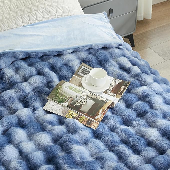 Ultra Plush Bubble Faux Rabbit Fur Blanket – 950GSM Thick Fluffy Throw Blanket for Bed, Couch, Sofa, or Gift, 50" × 60", Tie-dye Blue