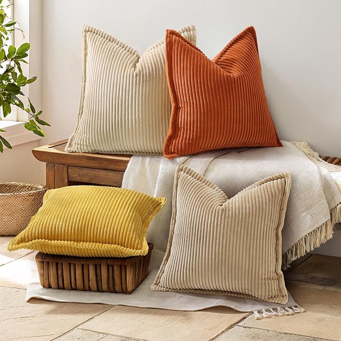 decorUhome Fall Corduroy Rust Throw Pillow Covers 20x20 Set of 2 Decorative Soft Boho Striped Neutral Euro Farmhouse Couch Pillow Covers with Broadside for Living Room Bed Sofa