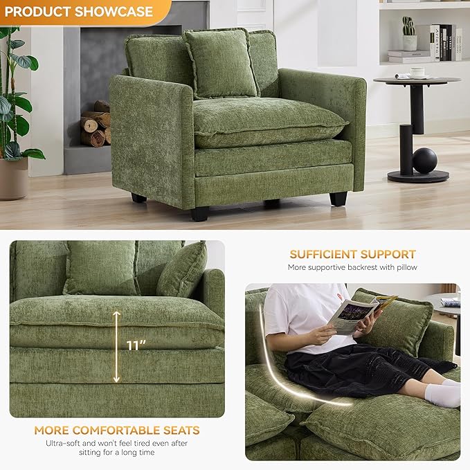 41'' Modern Chenille Oversized Chair, Upholstered Accent Living Room Chair with Extra Thicked Deep Seat, Single Lounge Chair for Bedroom, Small Apartment,Green