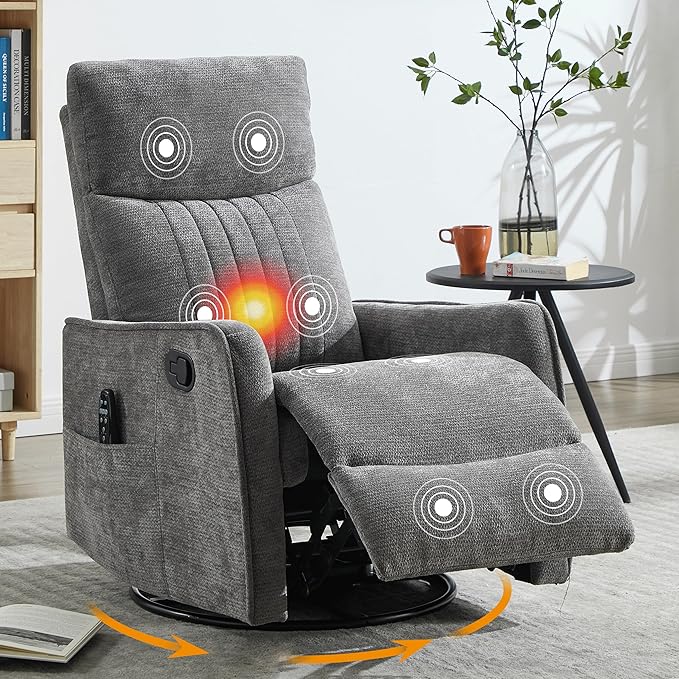 Manual Swivel Rocker Recliner Chair for Adults, Overstuffed Recliner Glider with Massage and Heat, Living Room Reclining Chair, Fabric Dark Gray