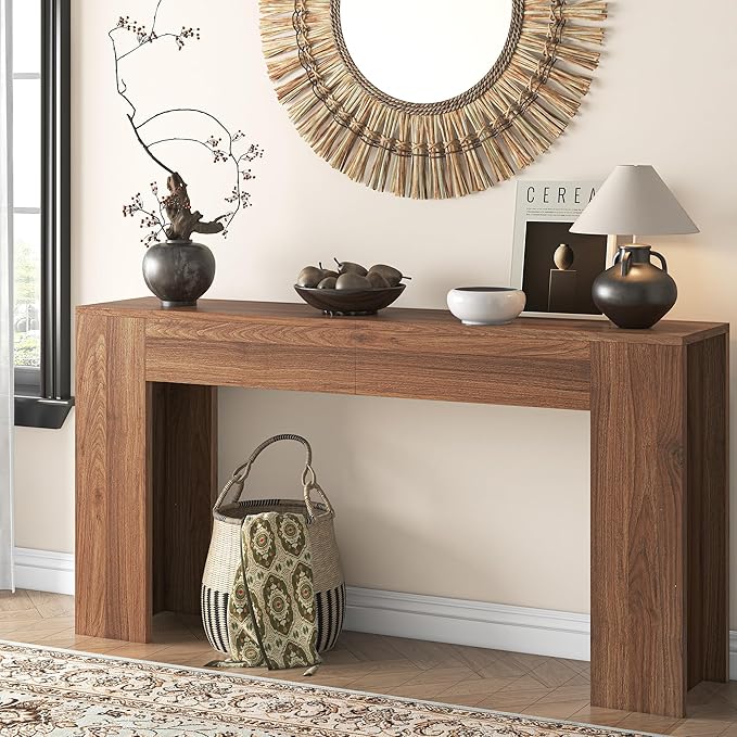63-Inch Long Console Table with LED Light, Farmhouse Sofa Table Behind Couch, Wooden Console Table for Entryway, Hallway, Entrance, Living Room