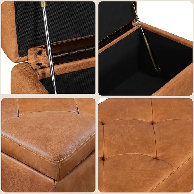Poly & Bark Senja Storage Ottoman – 52" Large with Feather-Down Topper – Full-Grain Leather Upholstered Ottoman Box – Bench or Bedroom Storage – Vintage Italian Leather in Cognac Tan