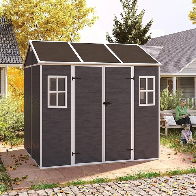 8' x 7' Resin Storage Shed Outdoor, PP Material & Strong Structure for All Weather, Plastic Garden Shed w/Window for Garden, Backyard, Poolside and Lawn, 15mm Thick PP Board - Dark Grey