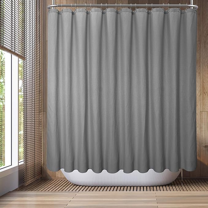 Barossa Design Waffle Weave Clawfoot Tub Shower Curtain 180 x 70 Inch Wrap Around - Heavyweight Fabric to Stop Blowing, Washable, Water Repellent, with 36 Rust-Free Hooks Set, Gray, 180x70