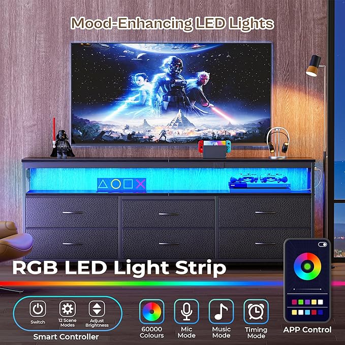 Huuger 63 Inch TV Stand for 55, 65, 70 Inch TV, Long Dresser TV Stand for Bedroom, Black LED TV Stand with Power Outlets, Fabric Drawer Dresser with Storage, Entertainment Center for Living Room