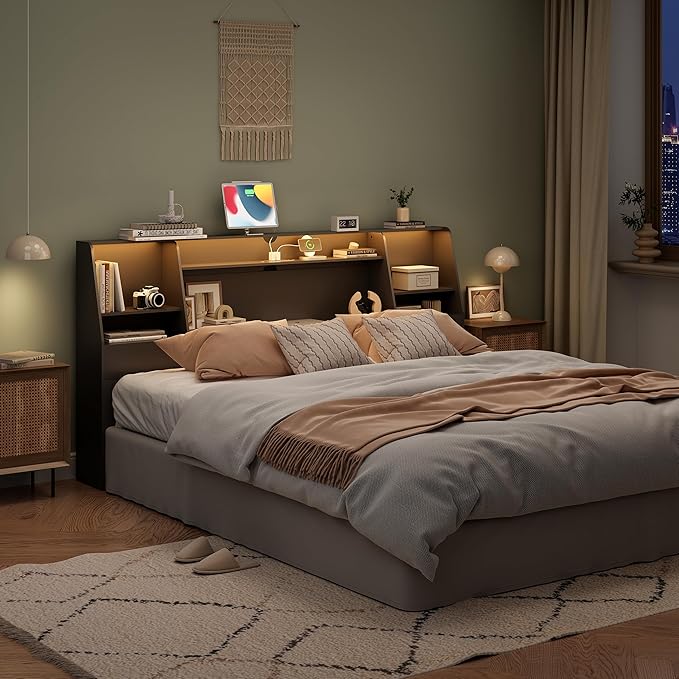 King Size Headboard Only, Wood Bookcase with Charging Station & 2 LED Lights for King Bed, Stylish Height Adjustable with Ample Storage for Bedroom, Noise-Free, Black