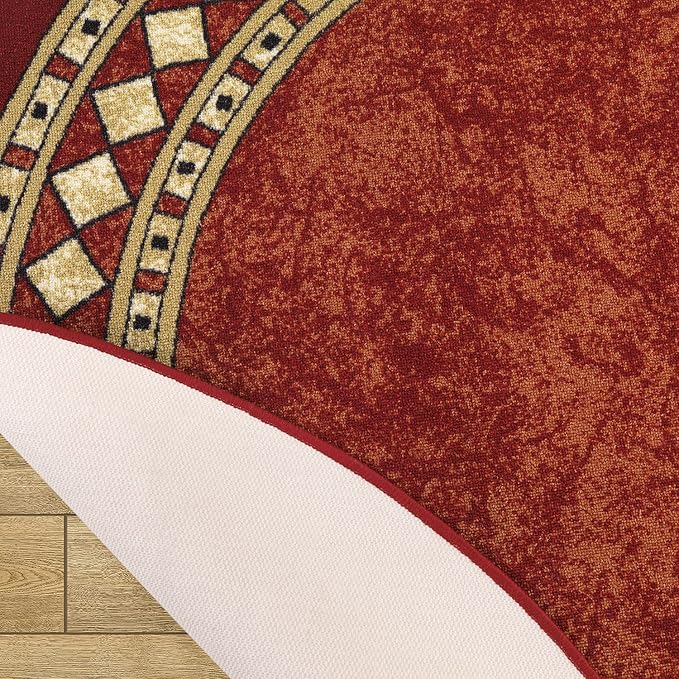 Antep Rugs Alfombras Modern Bordered 2x5 Non-Skid (Non-Slip) Low Profile Pile Rubber Backing Kitchen Area Rugs (Maroon Beige, 2' x 5' Oval)