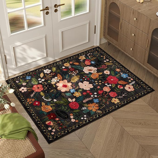 Door Mat Indoor Entrance 2x3 Rug Machine Washable Boho Floral Small Area Rug Non-Slip Low Pile Throw Rugs for Entryway, Kitchen, Front Door Indoor Entrance, Entry, Kids Room (Black)