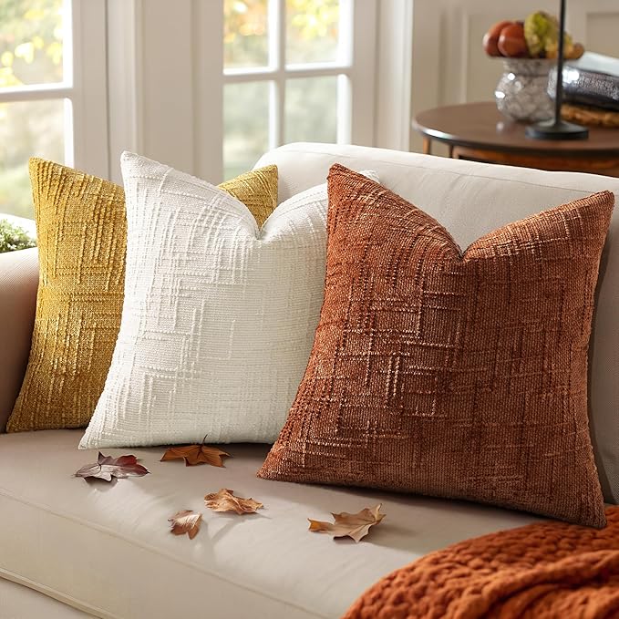 decorUhome Fall Rust Chenille Throw Pillow Covers 16x16 Set of 2 Thick Textured Slubby Couch Pillow Covers Farmhouse Accent Modern Neutral Decorative Pillow Cases for Bed Sofa Living Room