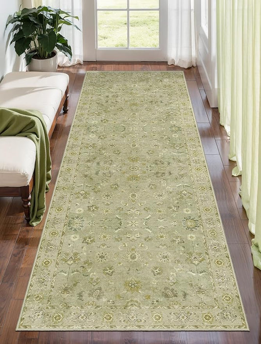Tangsoo 2.6x8 Washable Runner Rug for Hallways, Floral Vintage Runner Non Slip, Soft Low Pile Long Rugs, Print Distressed Green Carpet Runners for Kitchen Bedroom Entryway Living Room